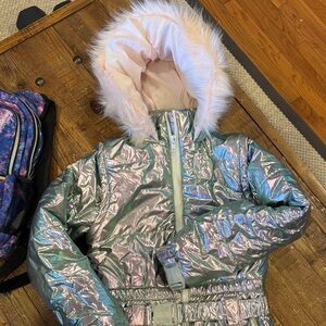 Metallic Iridescent Puffer Jumpsuit with Faux Fur hood